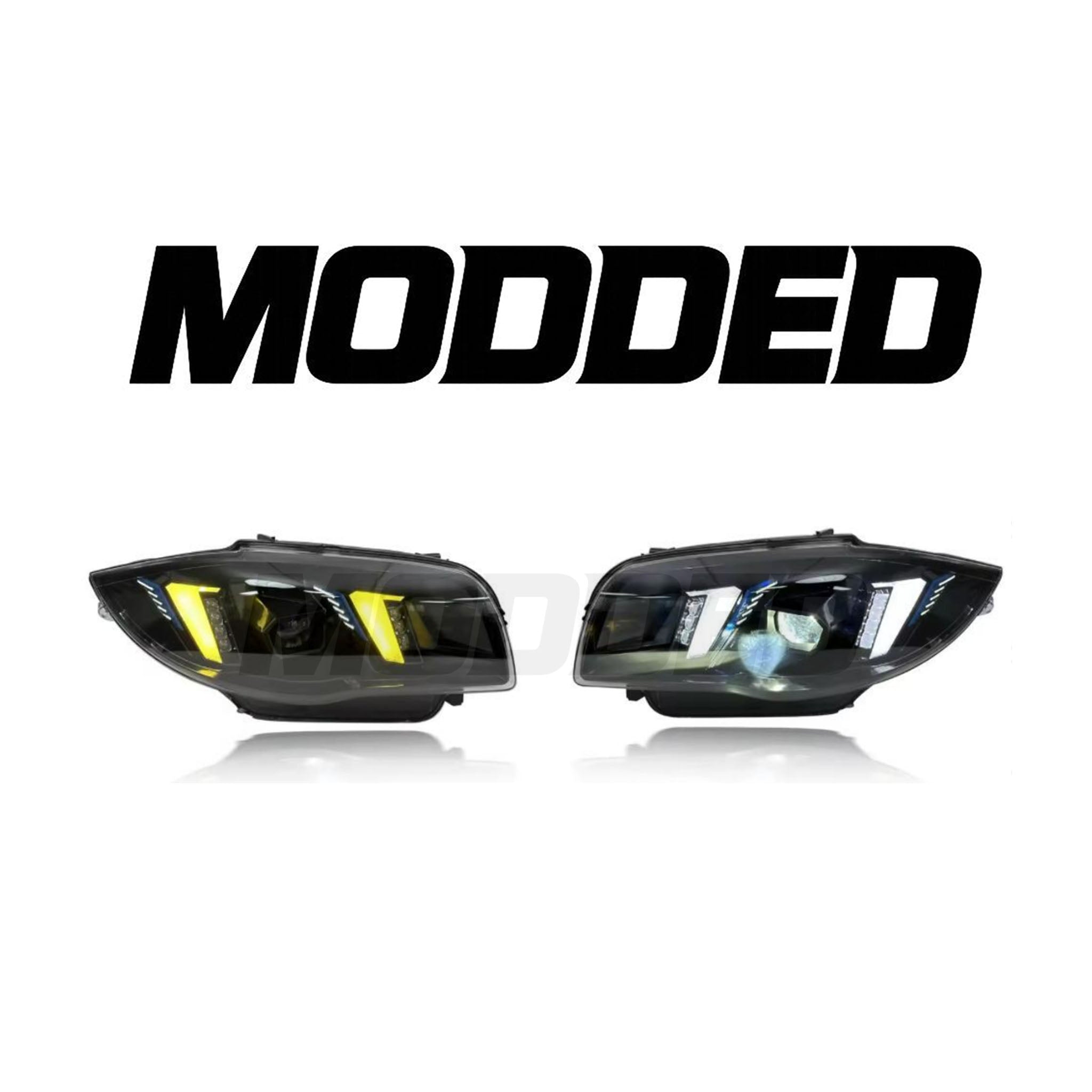 BMW 1 Series E87 Headlights (2007–2011) – Snake Eyes Style (Switchable Yellow/White DRL)
